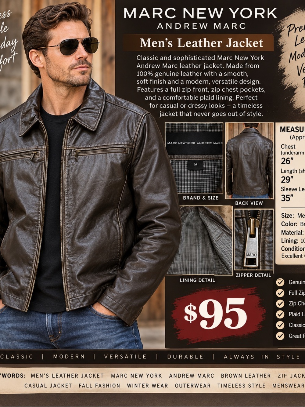 Andrew Marc Brown Leather Bomber Jacket